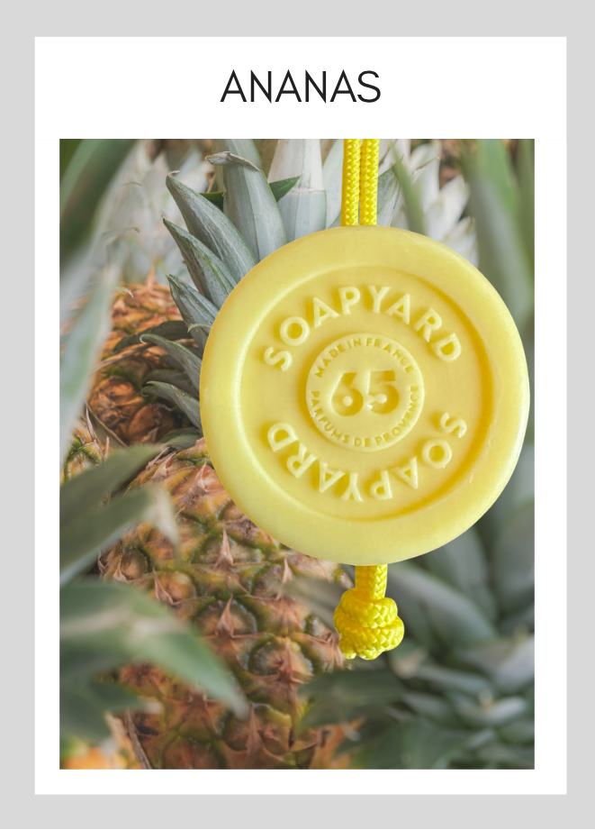 Savon avec corde Soapyard — Ananas, sur fond illustrant son parfum