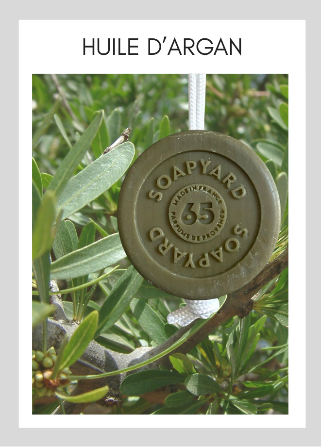 Savon avec corde Soapyard — Argan Oil, sur fond illustrant son parfum