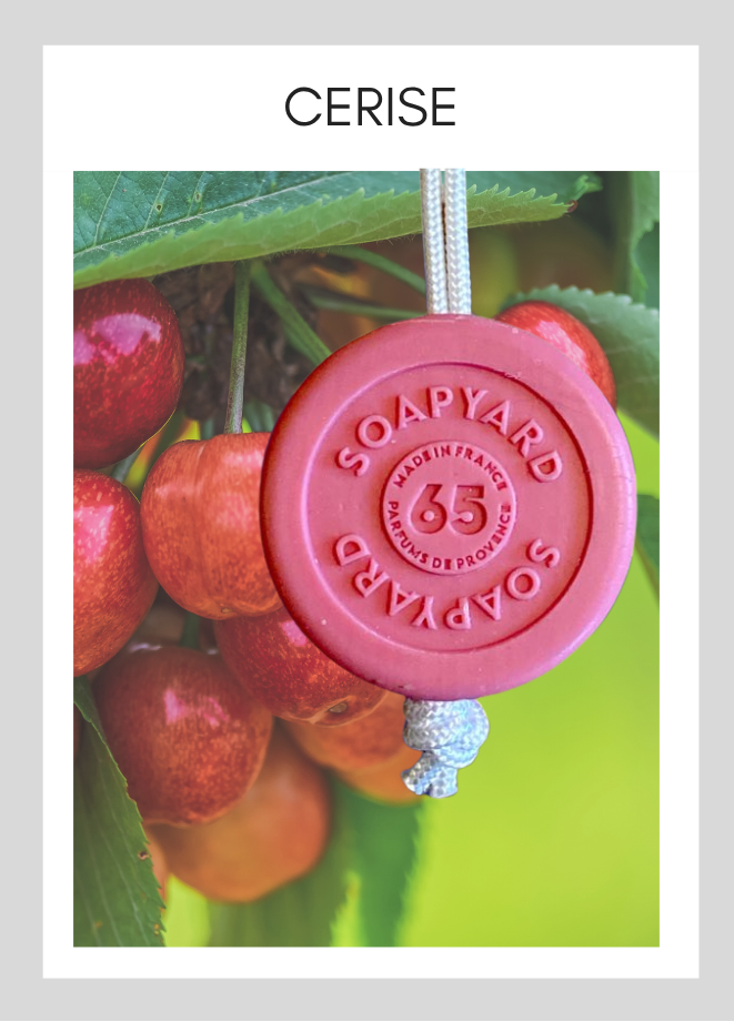 Savon avec corde Soapyard — Cerise, sur fond illustrant son parfum