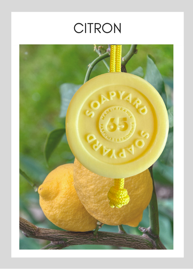 Savon avec corde Soapyard — Citron, sur fond illustrant son parfum