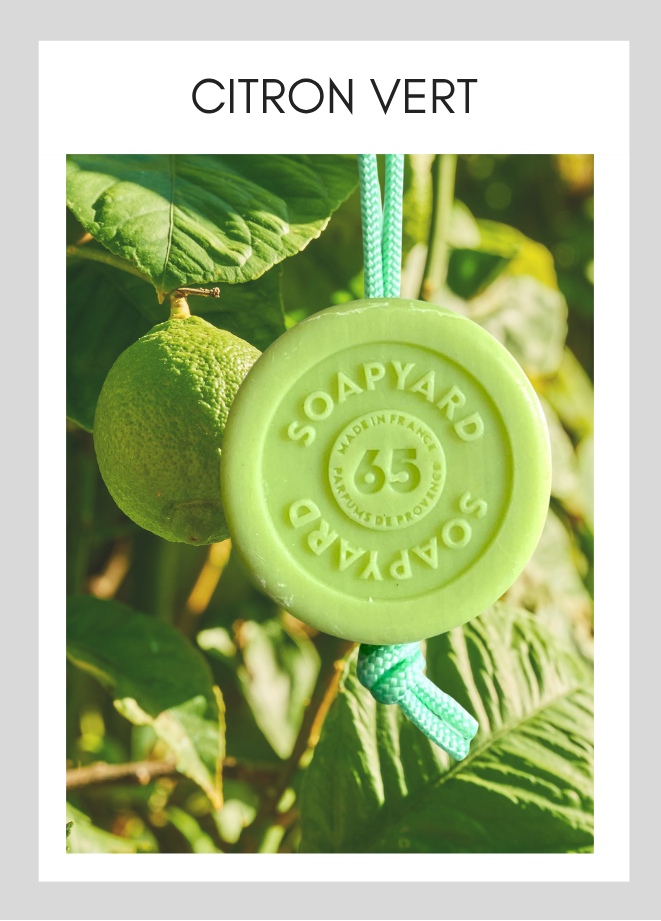 Savon avec corde Soapyard — Citron Vert, sur fond illustrant son parfum
